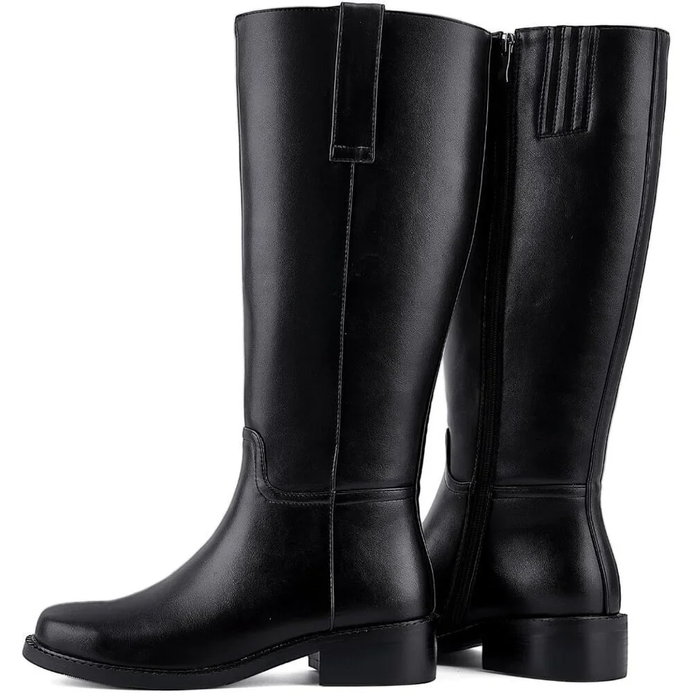 Women's Black Square Toe Chunky Heel Slip-on Pu Leather Knee-high Boots